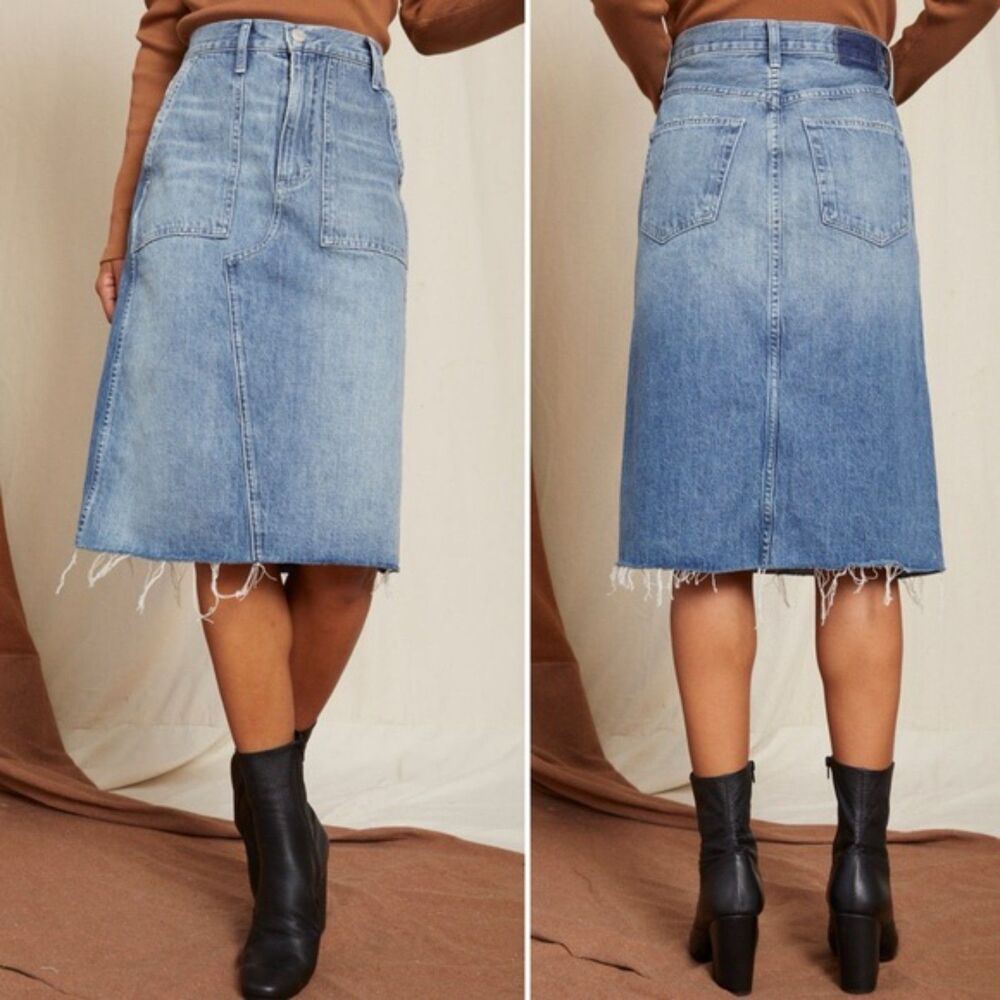 AMO Welder Denim Midi Skirt Light Wash Boho Coastal Cowgirl Size 30 Y2K Straight